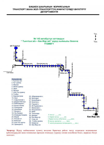 Бишкекте жаңы №64 автобус каттамы ишке кирип, №145 автобустун кыймыл жолу өзгөрдү (график)