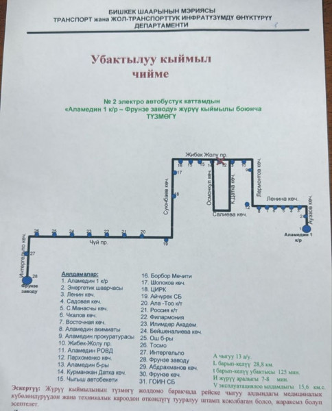 Бишкекте  №2 электробус каттамынын жүрүү схемасы өзгөртүлдү